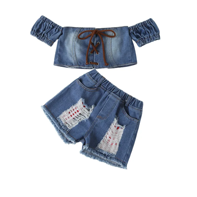 

2022 Summer Baby Girl Cowboy Set Girl Clothing Set One Shoulder Kids Suit Denim Short Sleeve + Ripped Jeans 2Pcs Toddler Clothes
