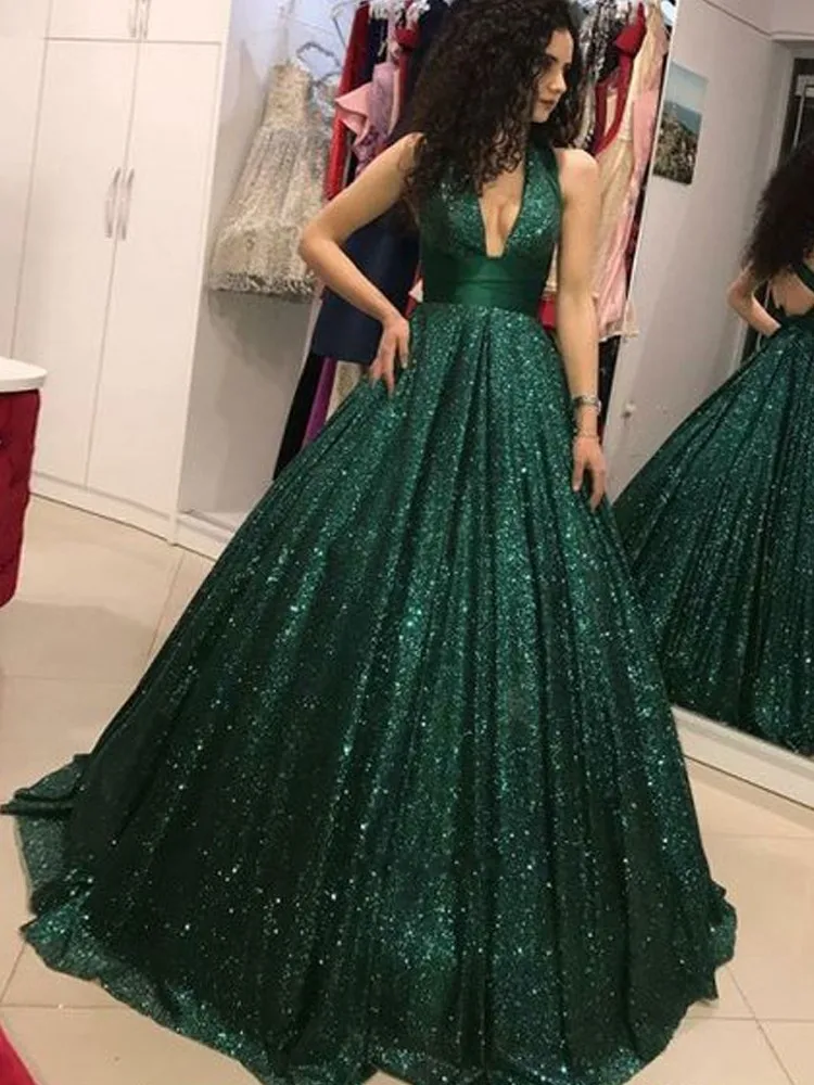 2019 Prom Dresses Emerald Green V-Neck Glitter Sequin Ball Gown Backless Party Maxys Long Evening Dress Robe De Soiree | Свадьбы и