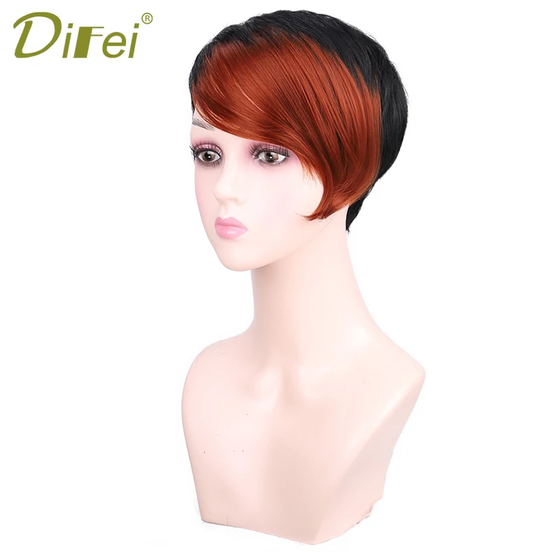 DIFEI 6 дюймов короткие прямые волосы с боковым взрыва красный Asymetrical парик синтетические парики для черных женщин красный смешанный черный