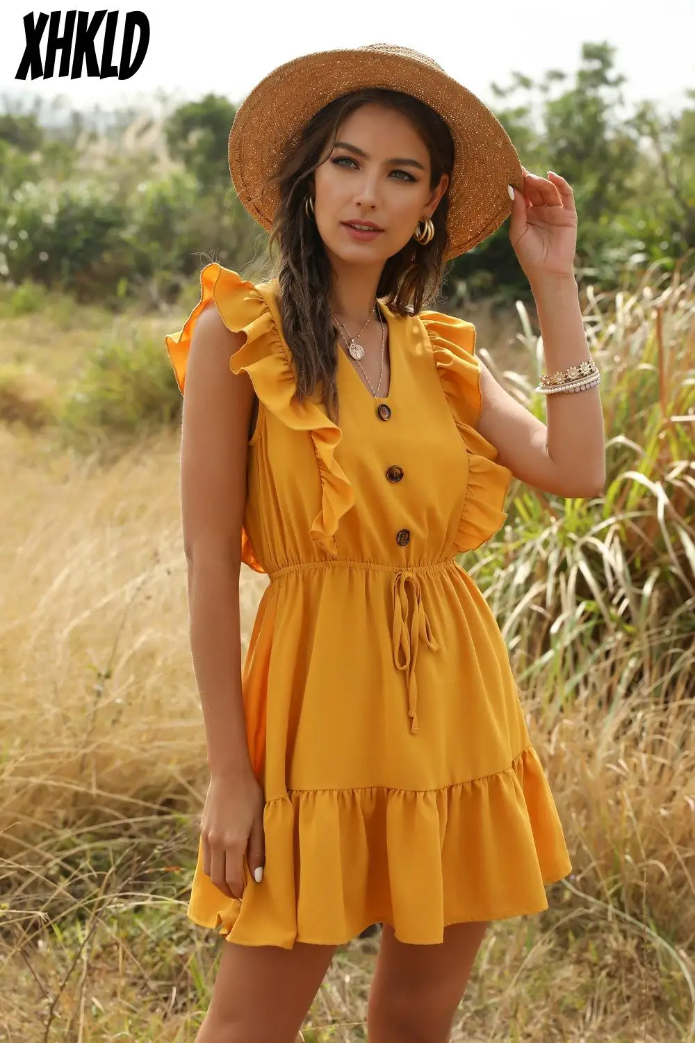 Xhcld сексуальное женское платье с оборками 2020 без рукавов Туника высокой талией