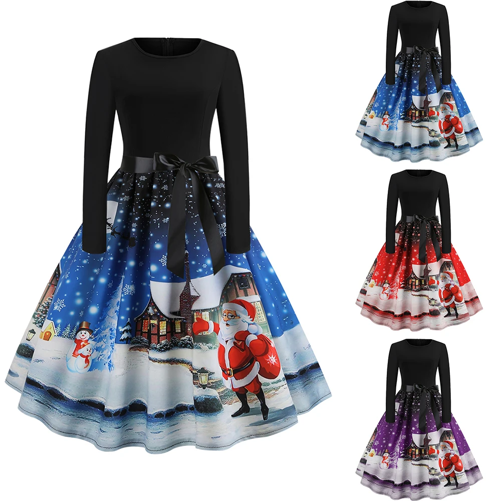 Women Christmas Long Sleeve Print Elegant Vintage mid calf dress Party Dress Robe 2019 Autumn Winter Casual Plus Size Xmas | Женская
