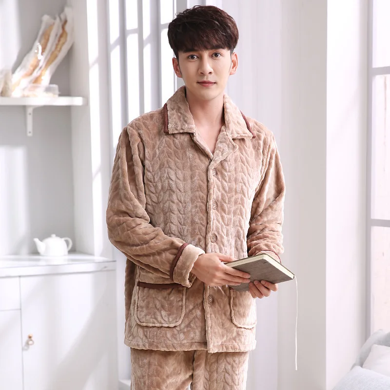 Coral Velvet Pajamas Men's Plus Velvet Thick Autumn and Winter Men's Flannel Middle-aged Men's Large Size Home Service Suit 2020