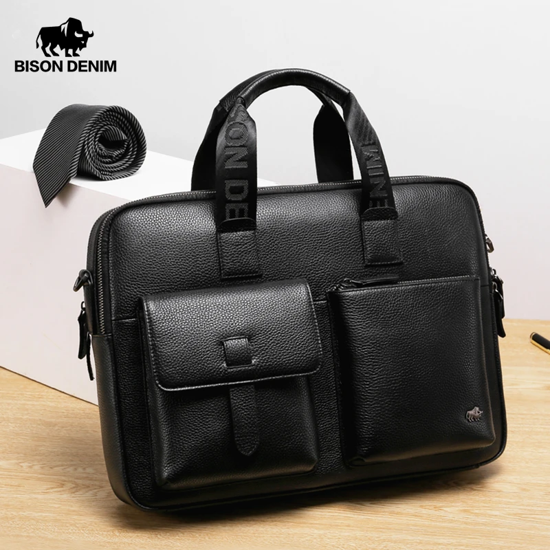 Bison Denim Brand Men Bag Genuine Leather Handbag Male 14 inch laptop Bag Briefcase Classic Black Crossbody Shoulder Bag