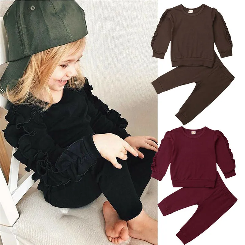 

Newborn Baby Boys Girls Ruffle Clothes Sweatshirt Top+Pants Solid Long Sleeve Infant kids Autumn Winter Clothes Set Baby Clothes