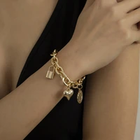 punk dainty love heart lock bracelet for women charm gold silver color coin planet pendant link chain bracelet on hand jewelry