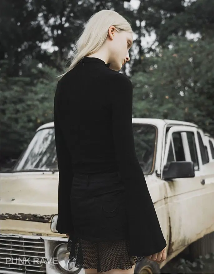 Панк рейв Женская готика Высокая шея шнуровка с расклешенными рукавами футболки