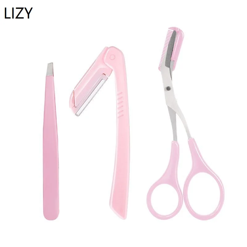 

LIZY 3pcs Eyebrow Trimmer Eyebrow Razor Kit Eyebrow Scissors with Comb for Face Stainless Steel Tweezers Clip Makeup Tools Sets