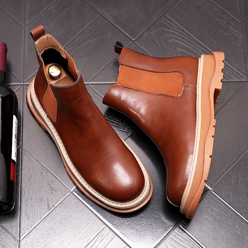 

British style men leisure platform boots spring autumn genuine leather shoes cowboy chelsea boot awesome ankle botas masculinas