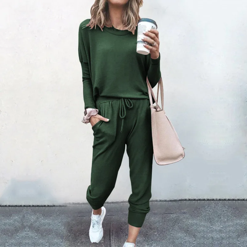 

Women Suit Cotton Full Casual O-Neck Pullover Elastic Waist Solid Full Length Simple two piece set