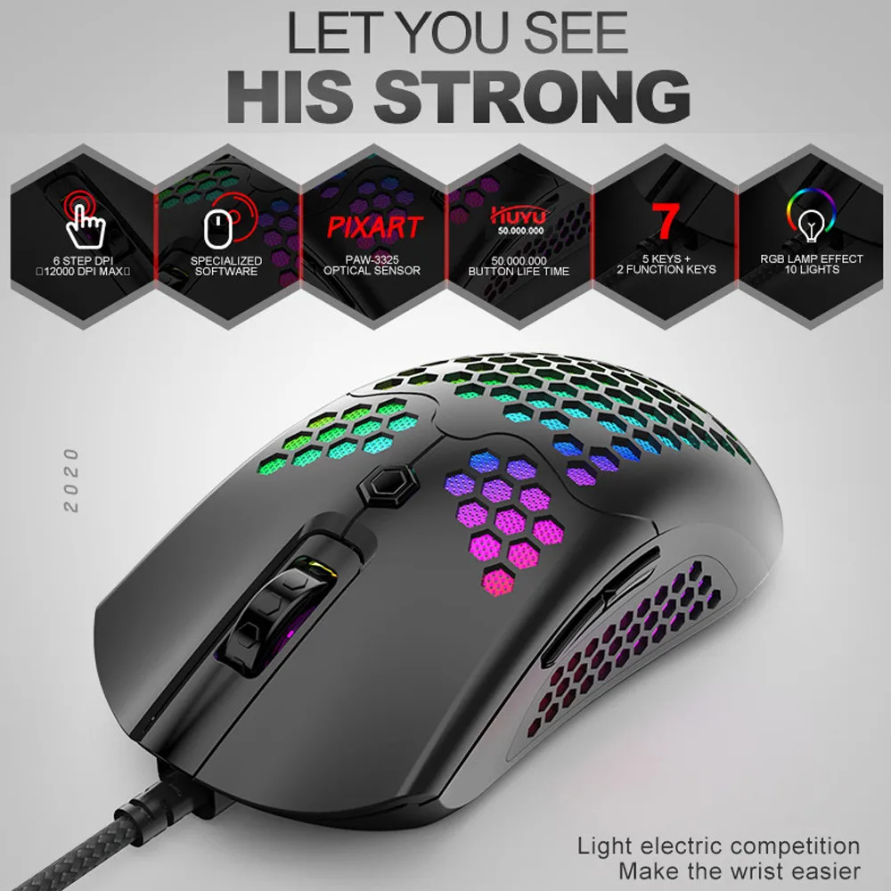7 Button Optical Sensor Wired Gaming Mouse Hollowed Out For Computer Lightweight Smooth Glide ABS RGB LED Home Office USB | Компьютеры и