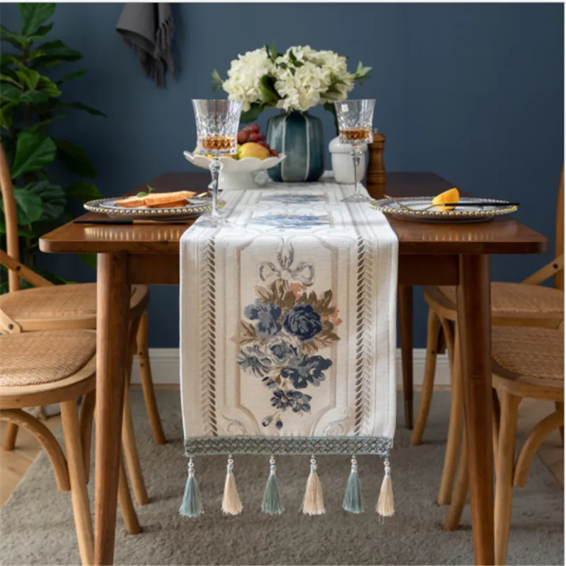

European Luxury Flower Table Runner With Tassel For Dining Room Chenille Household Cabinet Table Cover Cloth Polyester ZB-JD1117
