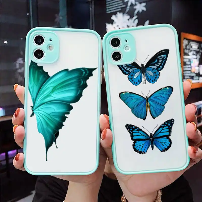 

butterfly Phone Case For iPhone 12 11 Mini Pro XR XS Max 7 8 Plus X Matte transparent blue Back Cover