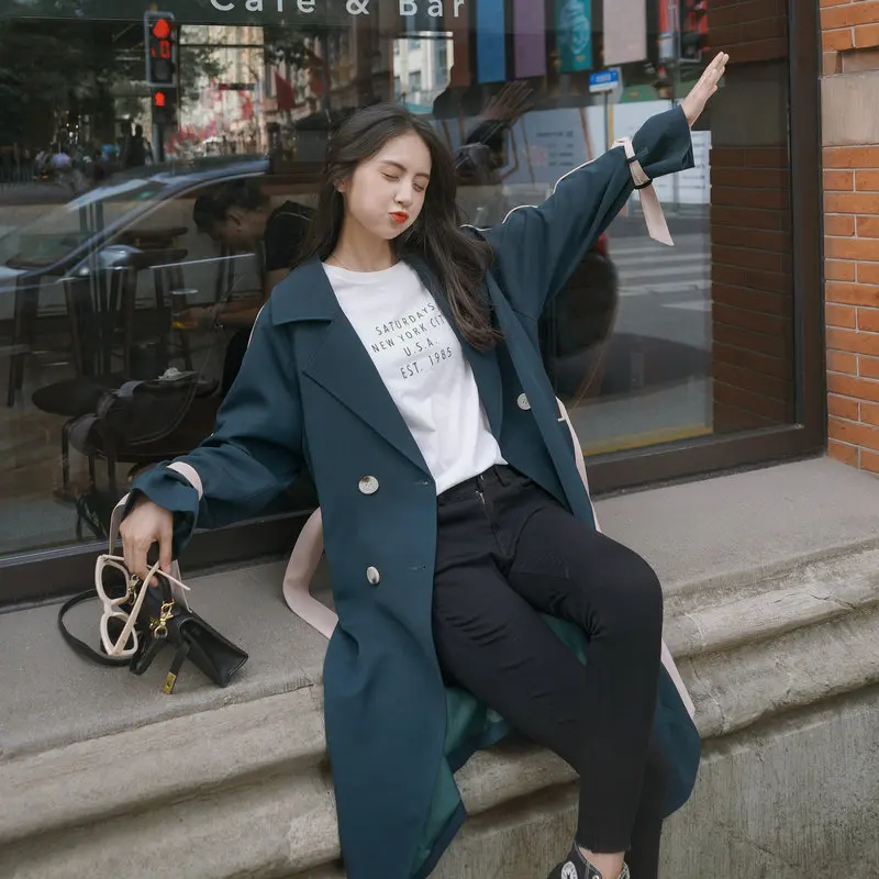 Осеннее пальто для женщин Корейская версия большого размера двубортное длинное |