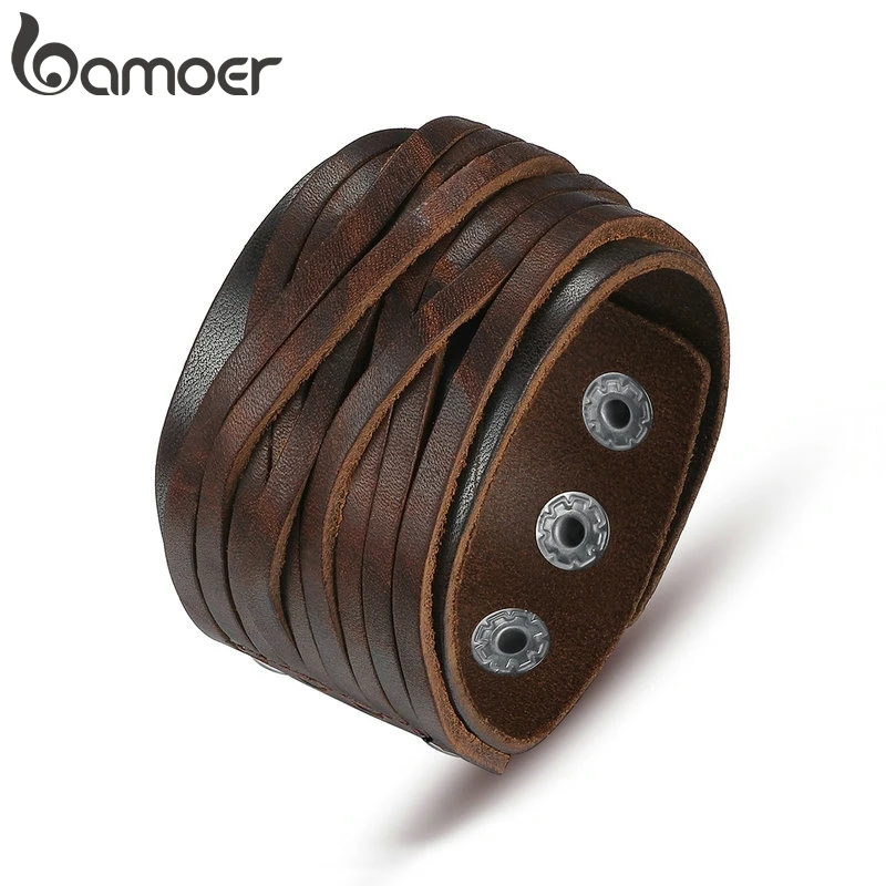 BAMOER Women & Men Bracelets Jewelry PI0337-1: Adjustable Black & Brown Genuine Leather Bracelet with Alloy Buckle for Fashionable Style image 2