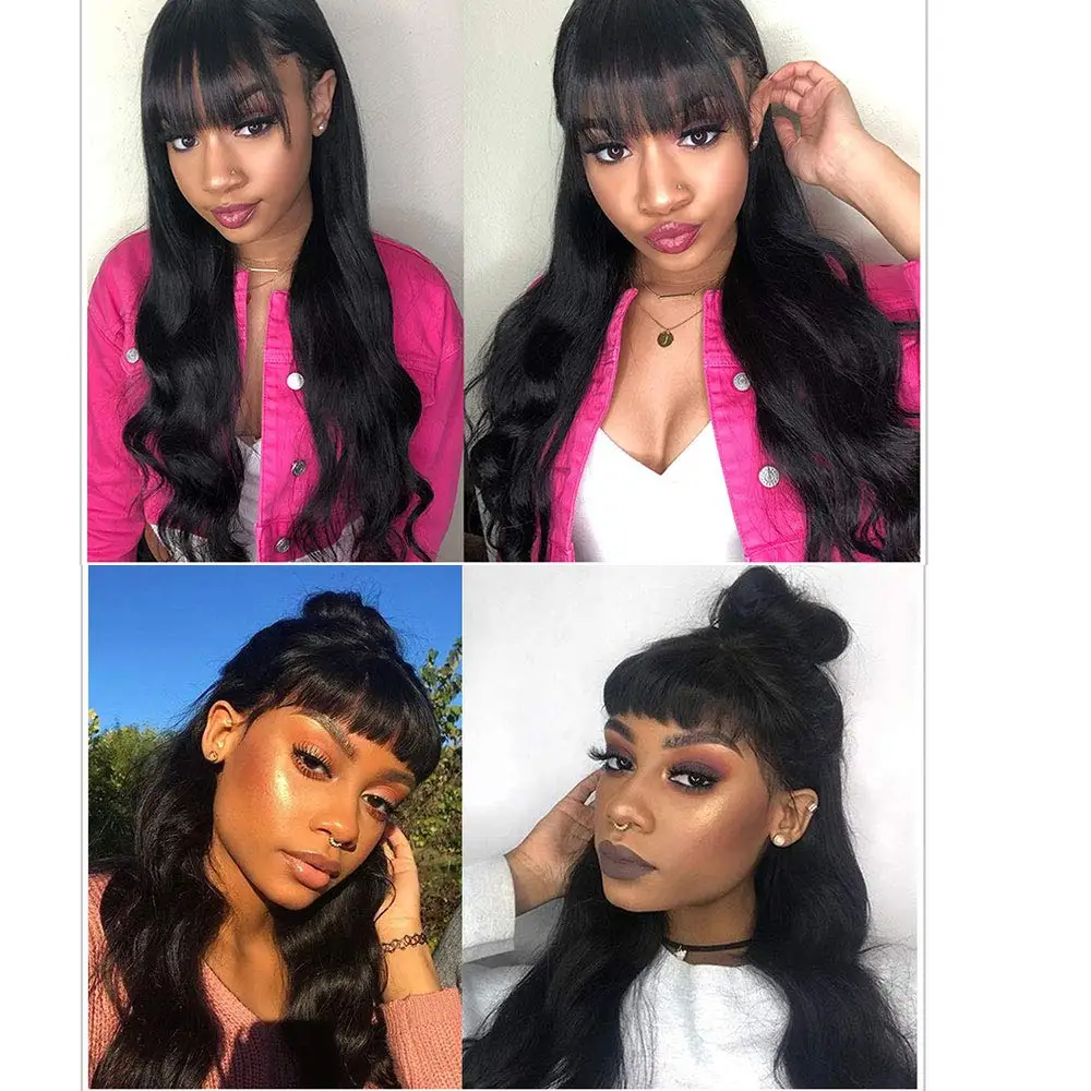 

Body Wave Wig With Bangs Full Machine Made Wig Body Wave wigs With Bangs Natural Color Body Wave Human Hair Wigs For Women Wig