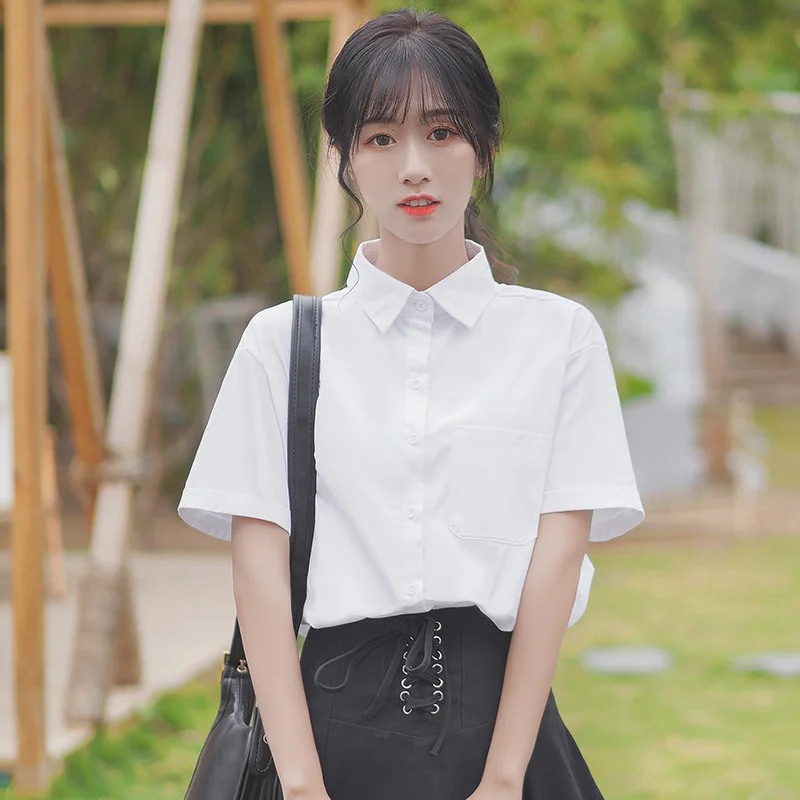 

Chic Khaki 2021 Summer New Korean Style Student Short Sleeve White Shirt Female College Style Polo Collar 100% Cotton Coat