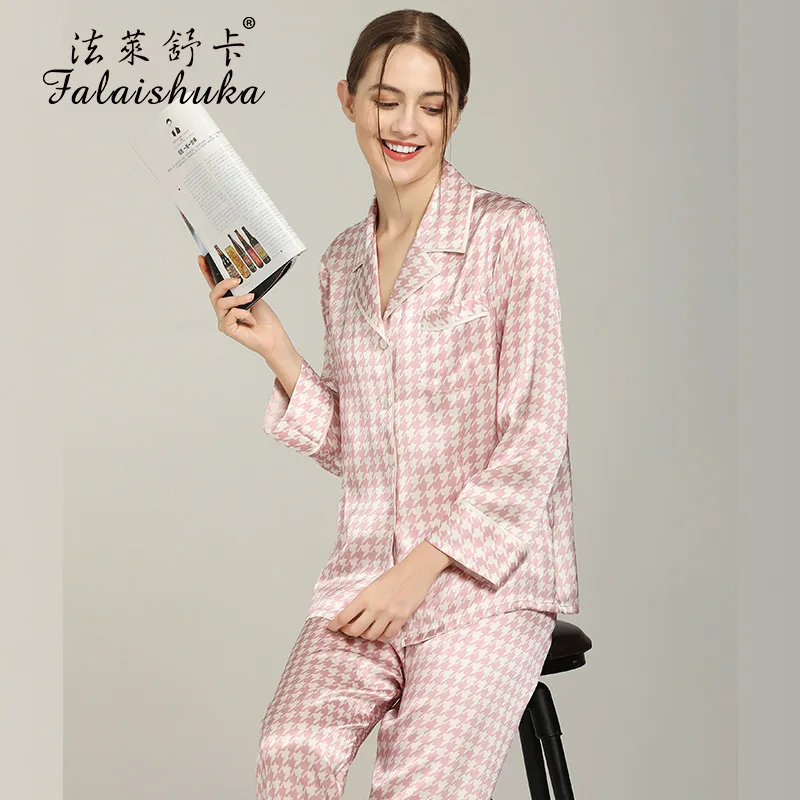 Lady 100% Silk Pajamas Sets Sleepwear 2021 Summer Spring Full length Sleeve Home Wears Two Piece Pajamas Set