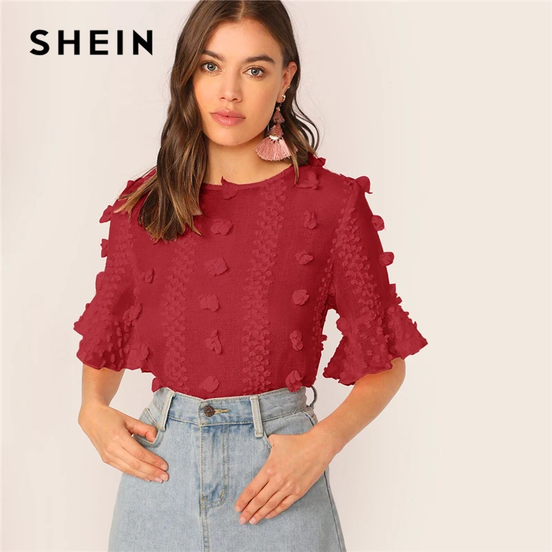 SHEIN элегантный розовый топ с 3D аппликацией и манжетами, блузка для женщин, короткий рукав, круглый вырез, Замочная скважина на спине, летние топы и блузки в стиле бохо