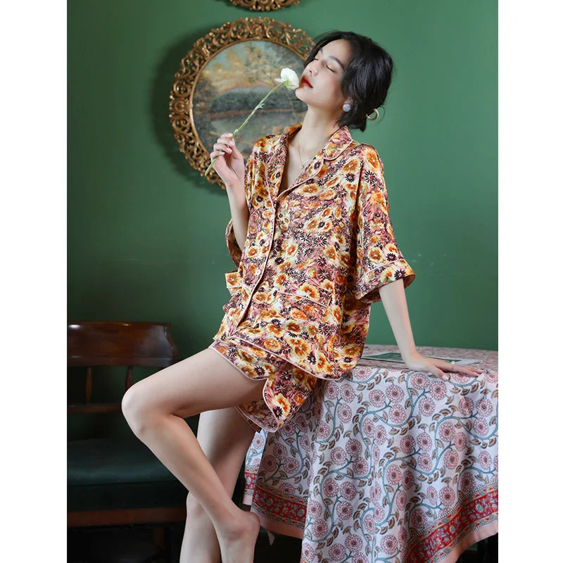 

Printed pajamas women's summer two piece ice silk