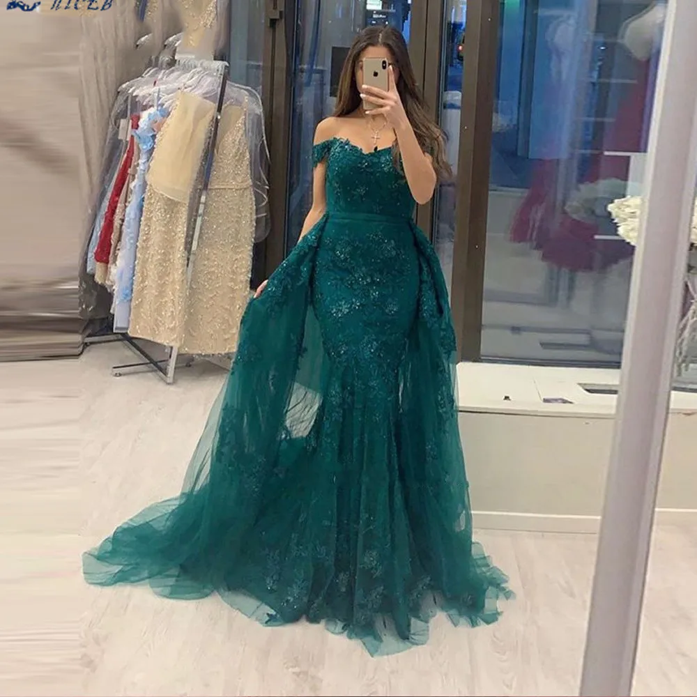 

Dark Green Mermaid Lace Evening Dress Party Elegant 2021 Off The Shoulder Prom Gown Detachable Train 2 in 1 Long Open Back