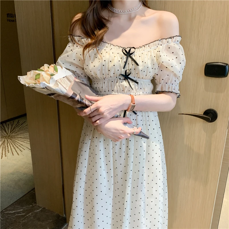 

Ladies Sweet Slim A-Line Dress Female 2021 Summer New Elegant Fashion Girl's Short Sleeve Pot Print Bow Mid-Calf Elegant Dress