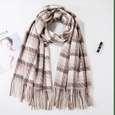 Khaki Plaid Новинка, настоящий кашемировый шарф, палантин, Клетчатые Шерстяные шарфы для женщин, зимние теплые женские пончо, накидка, модные женские 100 пашмины шали - Цвет: Khaki Plaid