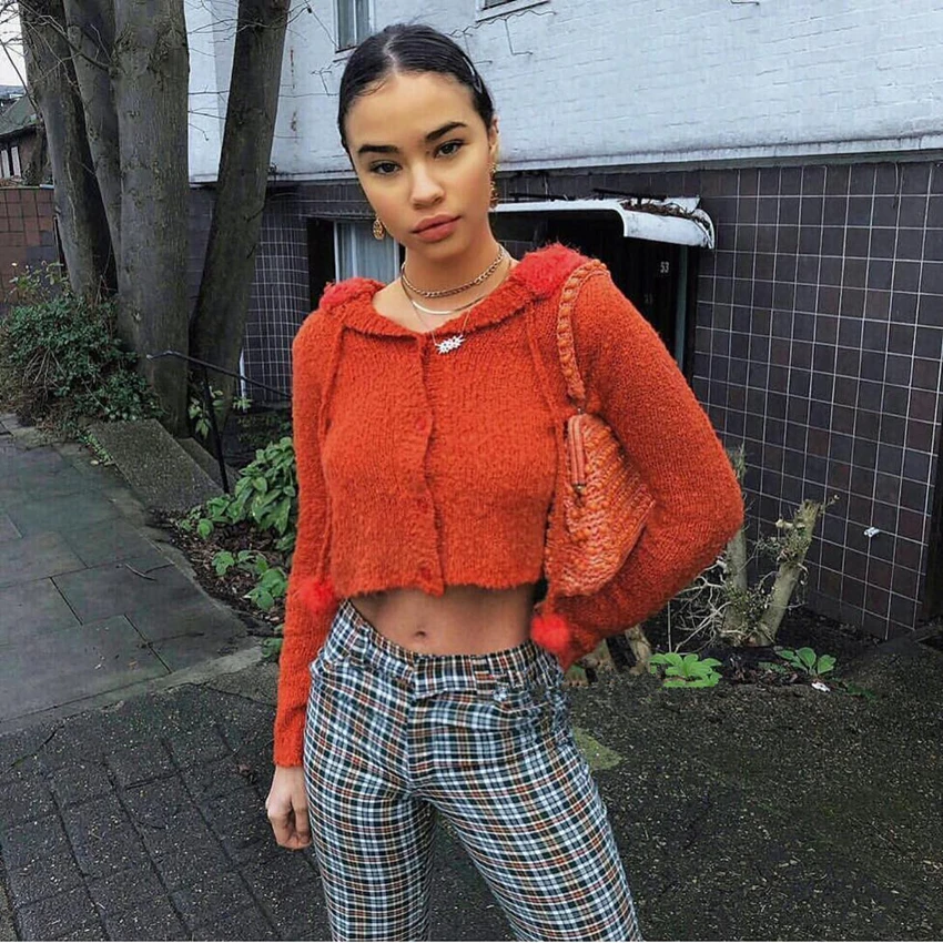 4 цвета осень kawaii короткий pull femme sweter пушистый hairball меховой воротник с капюшоном укороченный свитер Женский вязаный кардиган