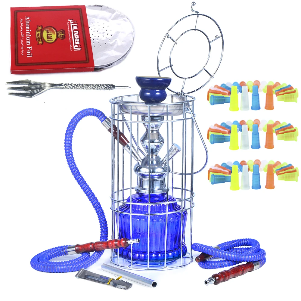 

Glass Hookah with Cage 2 Hoses Flavor Bowl Tongs Fork 50PCS Foils 100PCS Mouthpieces Blue Shiaha Pipe Narguile Chicha Cachimbas