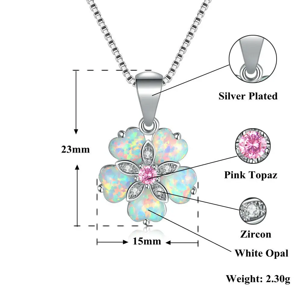 Ожерелье CiNdy White Fire Opal с розовым камнем цветком серебряным покрытием подвеской из