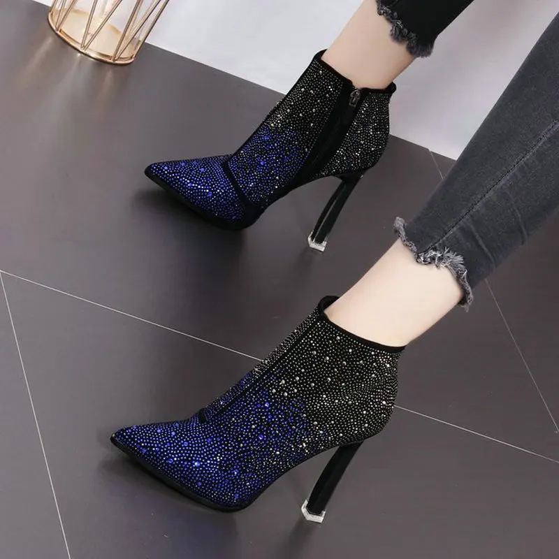 Женские сексуальные ботильоны с острым носком на тонком каблуке кристаллами и