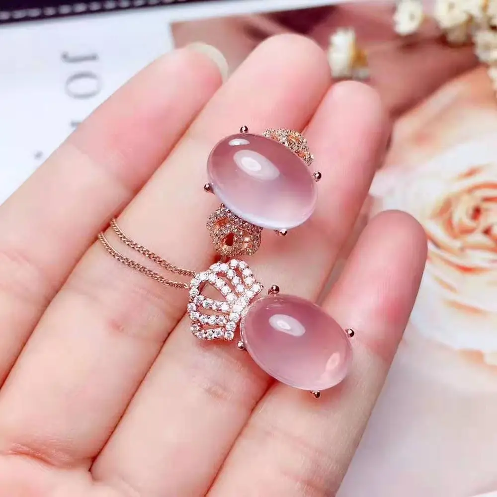 

Natural Pink Hibiscus Ring An Crown Pendants Necklace Set S925 Sterling Silver Fine Fashion Jewelry For Women MeibaPJ FS