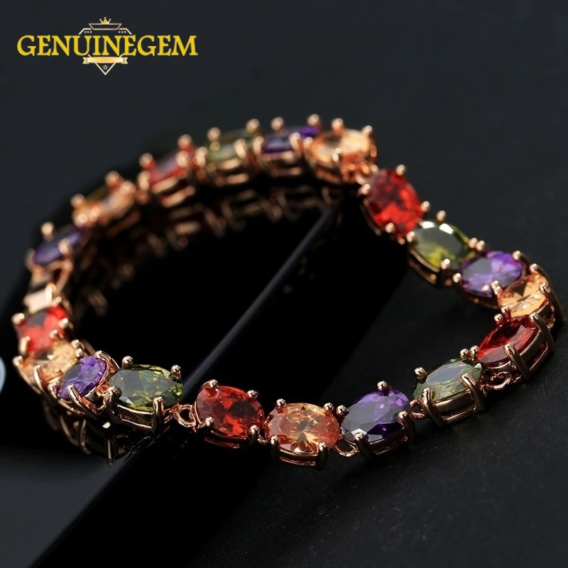 

Jewepisode Original Silver 925 Jewelry Rainbow Topaz Gemstone Bracelets for Women New Fashion Birthstone Cocktail Party Bracelet