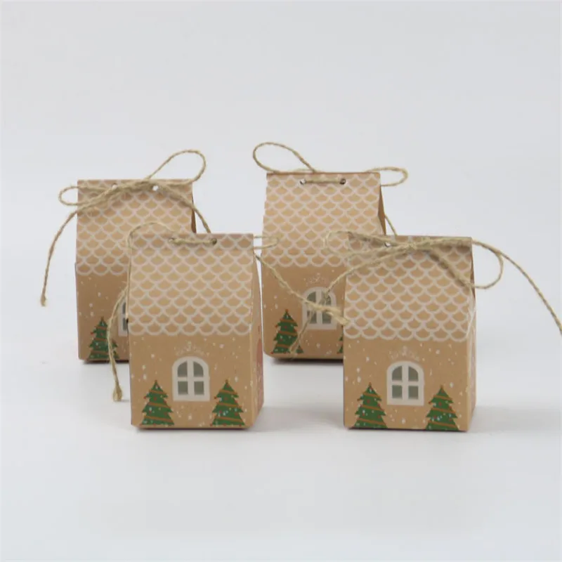 

50pcs House Shaped Christmas Box Gift Bag Kraft Paper Candy Box Merry Christmas Pillow Gift Box Packaging Home Decoration