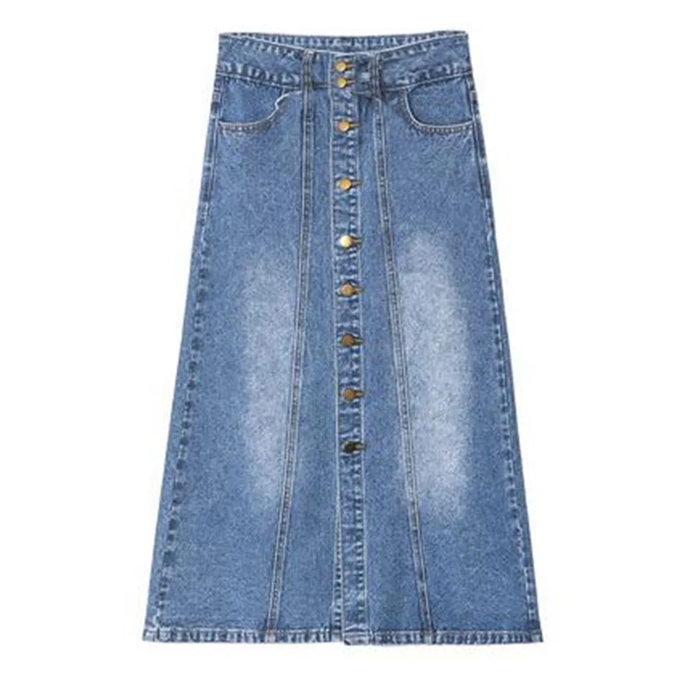 

Jean Long Skirt Female Faldas Mujer 2022 Summer Bottoms Blue High Waist Single Breasted Denim Maxi A Line Skirts