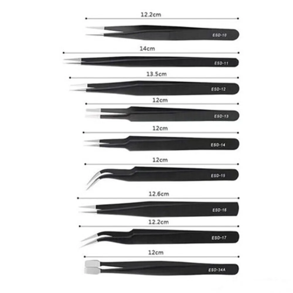 

10pcs/set Esd Tweezers Tool Set High Precision Steel Eyebrow Tweezers Anti-static Tip Curved Straight Nipper Repair Make Up Kit