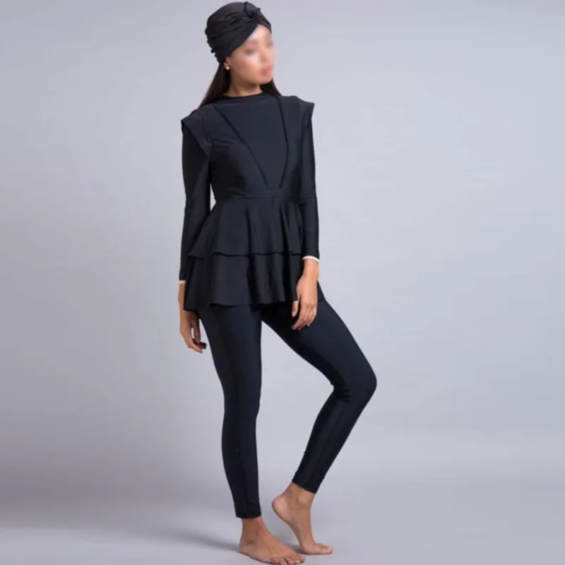 

3 Pieces Plus Size Muslim Swimwear 2021 Whole Black Ruffle Burkini With Bra Padding Swimsuits Women