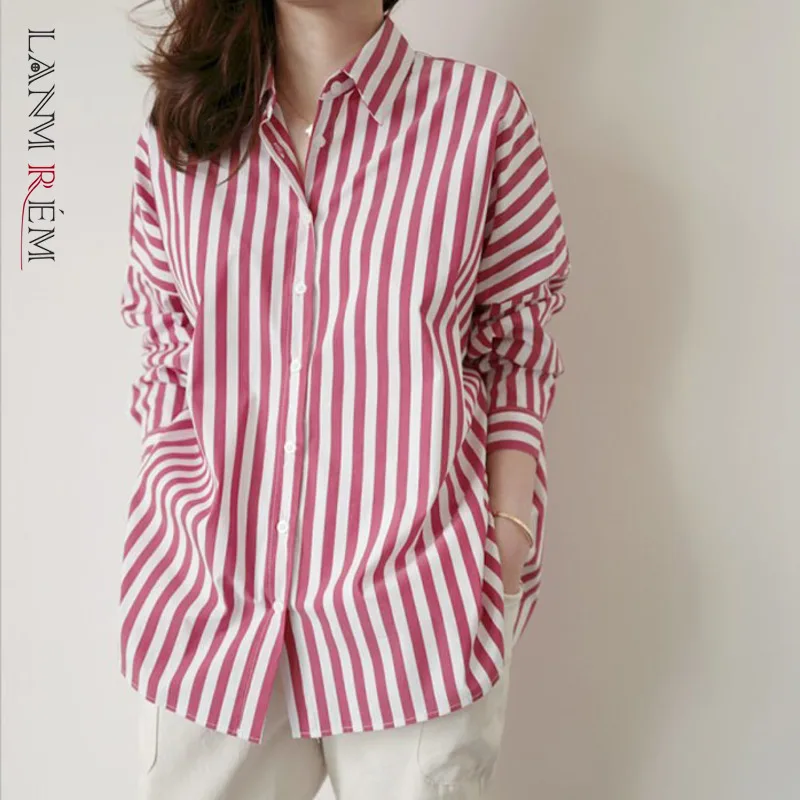 

LANMREM New Women Lapel Single Breasted Striped Top Female Loose Long Sleeve Fashion Casual Shirt 2022 Spring Autumn 2J514