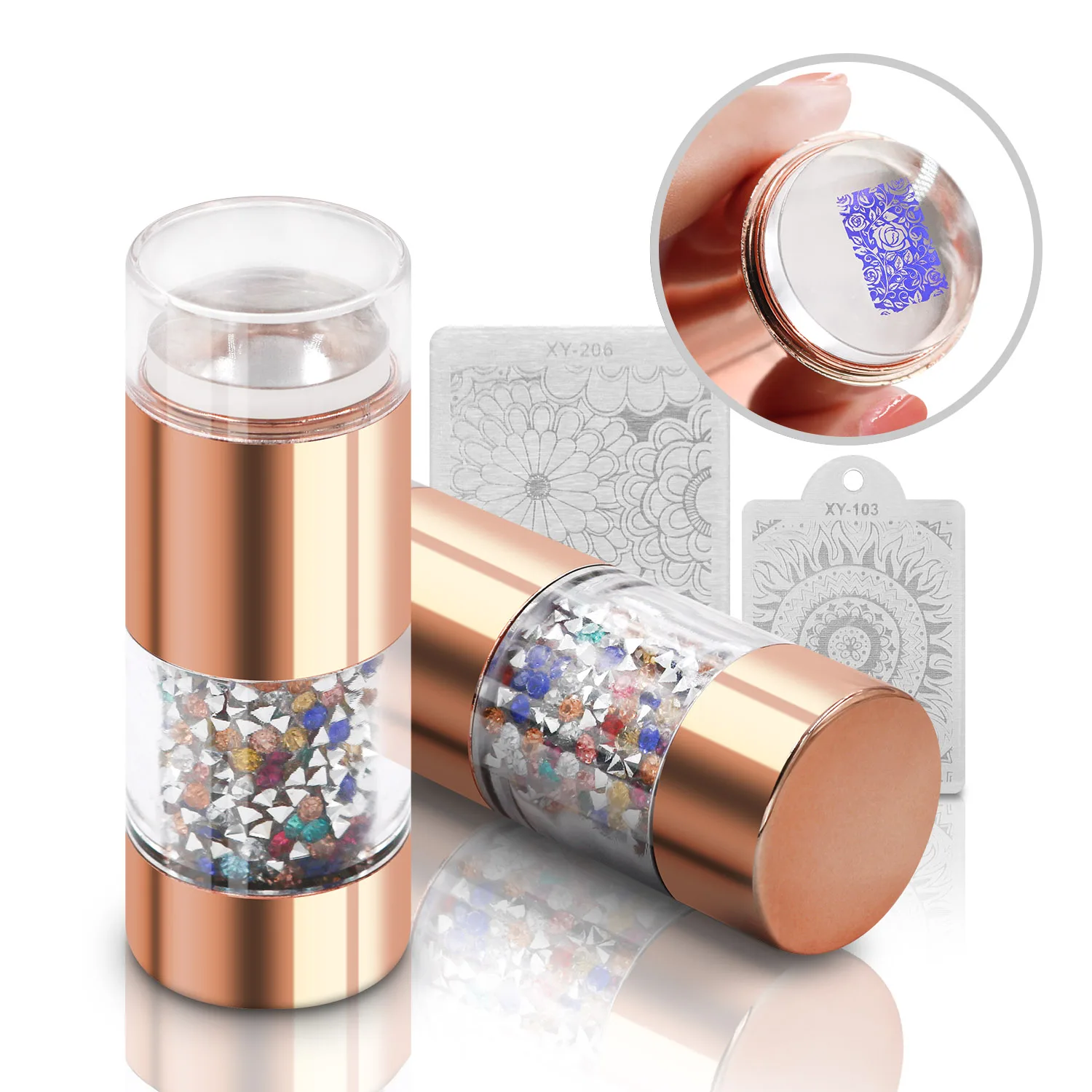 

Pinkiou Silicone Nail Stamper Stamping Plate Set Jelly Crystal Handle with Cap Nail Art Stamp Stencil Scraper Tools Double-ended