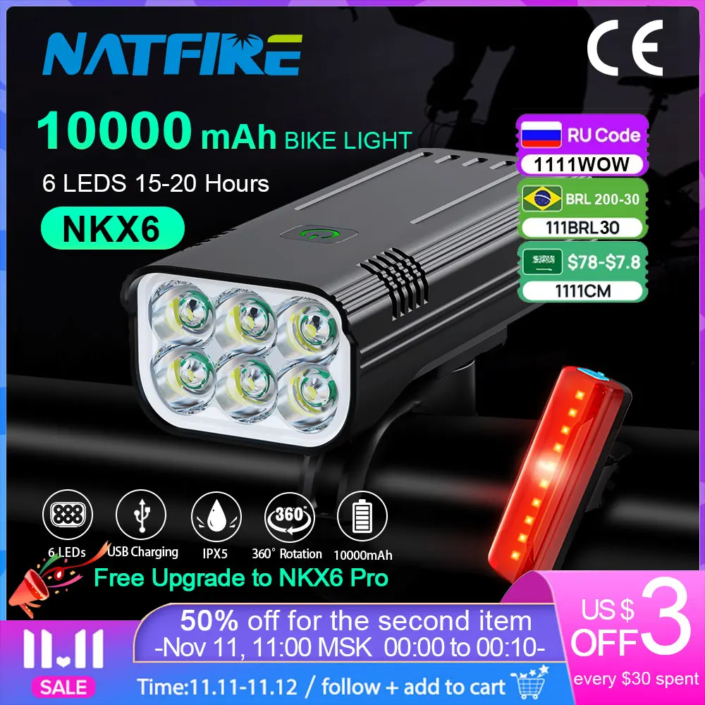 

NATFIRE 10000 mAh Bike Light Rainproof USB Rechargeable LED Bicycle Light Super Bright Flashlight for Cycling Front / Rear Light