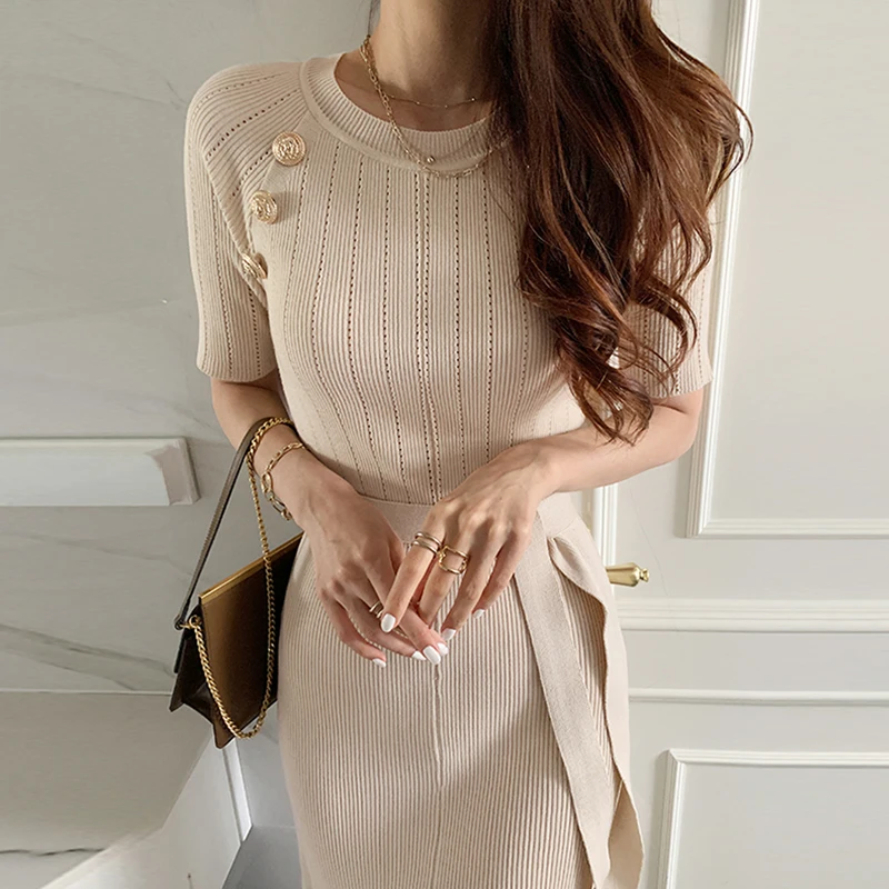 

ZAWAHIKI Korean Chic Elegant Knitted Dress Women Summer O Neck Short Sleeve Metal Button Design Slim Bodycon Dress Long Vestidos