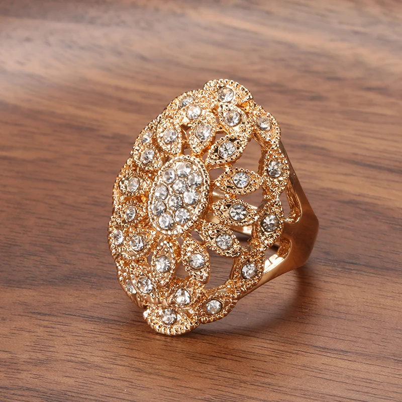 Женское кольцо в богемном стиле Kinel золотистое с кристаллами и цветами мозаичные