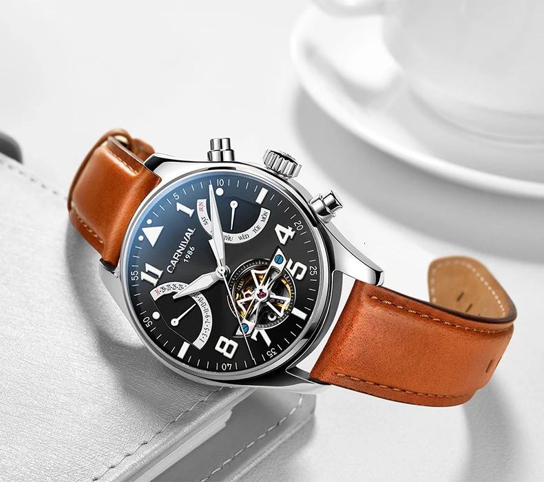 Tourbillon, мужские часы, розовое золото, чехол, синий циферблат, карнавал, автоматические часы, мужские, люксовый бренд, механические часы, Мода