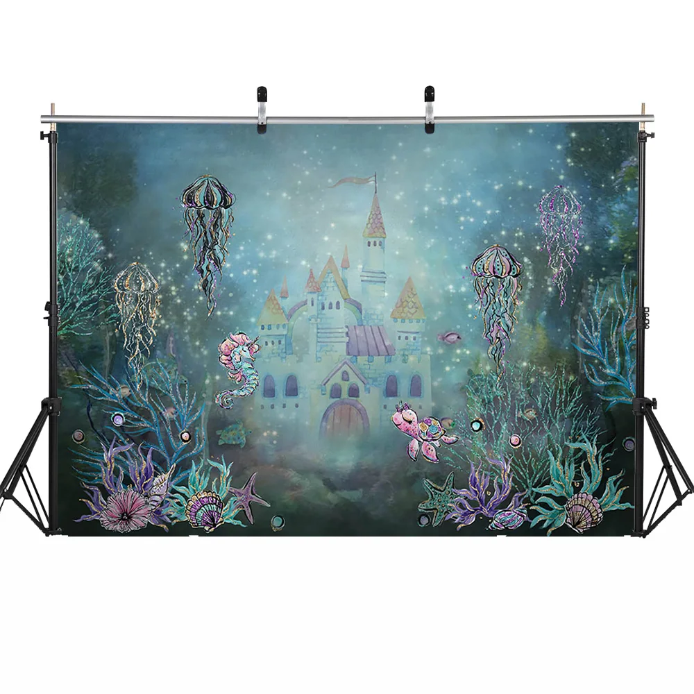 Mermaid Castle Newborn Baby Birthday Backdrop Underwater World Fairy Tale Background Coral Jellyfish Sea Turtle Photocall | Электроника