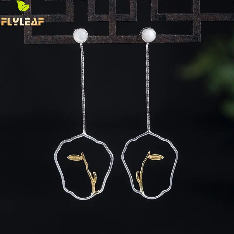 

925 Sterling Silver 18k Gold Bamboo Long Drop Earrings For Women China Style Female Vintage Jewelry Flyleaf New Arrival