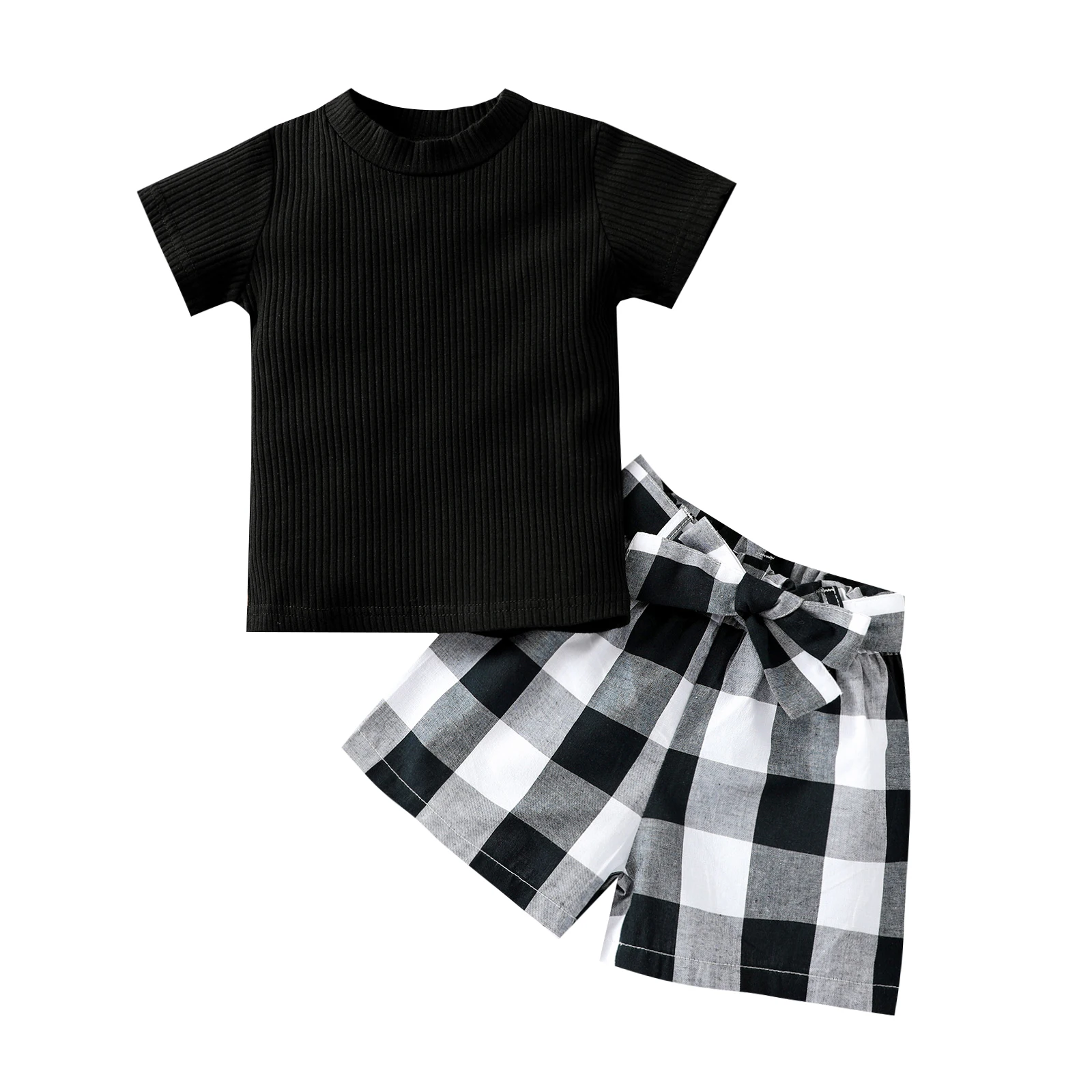 

OPPERIAYA Baby Girls Summer Cotton T-shirt and Shorts Casual Set Fashion Solid Color Short Sleeve Tops and Bow Plaid Short Pants