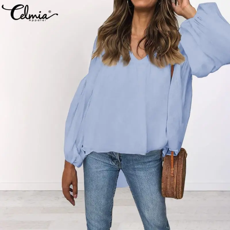 

Celmia Women Blouses Casual Loose V-Neck Asymmetrical Shirts 2021 Autumn Fashion Elegant Lantern Sleeve Elegant Work Tops Blusas
