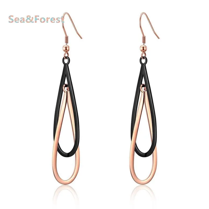 Simple black earring lady stainless steel rose gold style geometry shape long | Украшения и аксессуары