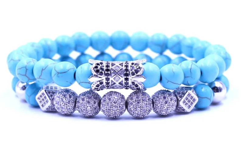 

8mm 2PCS/Set jrg3 silver elastic adjusted nature turquoise bead micro pave cz zircon cubic zirconia tube Bracelet Jewelry