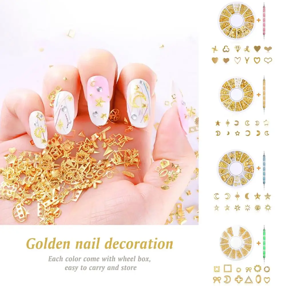 

1 Box Nail Metal Rivets Charms 3D Modern Hollow Out Star Moon Floral Studs Gems Punk Nail Art Jewels Fake Nails DIY