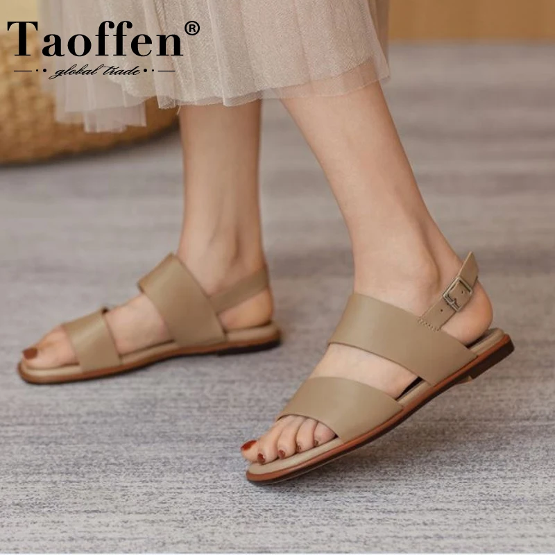 

TAOFFEN Women Sandals Real Leather Shoes For Summer Women Flats Shoes Fashion Daily Buckle Ladies Footwear Size 34-40
